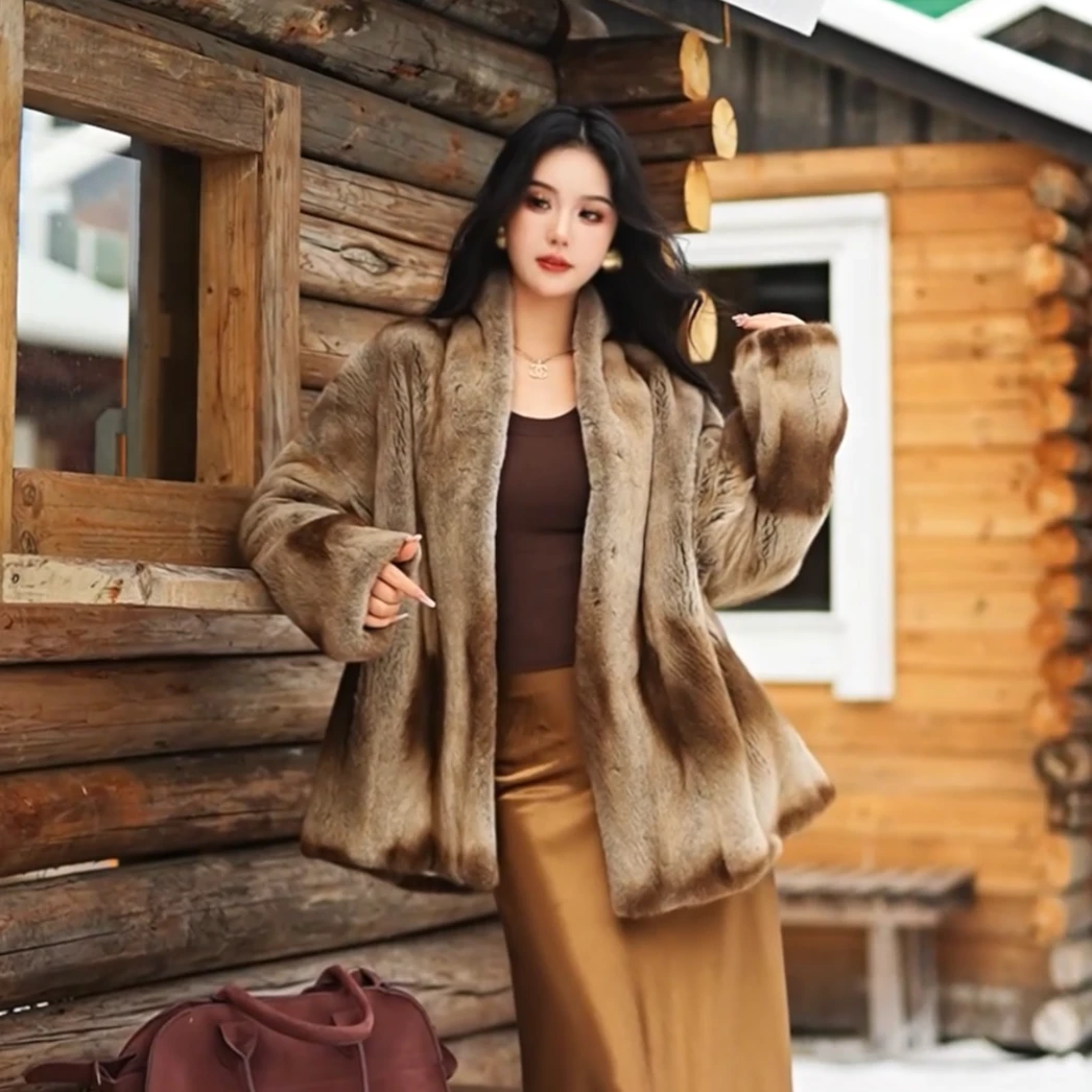 进口天鹅绒紫金短二小母貂皮大衣女中长款外套