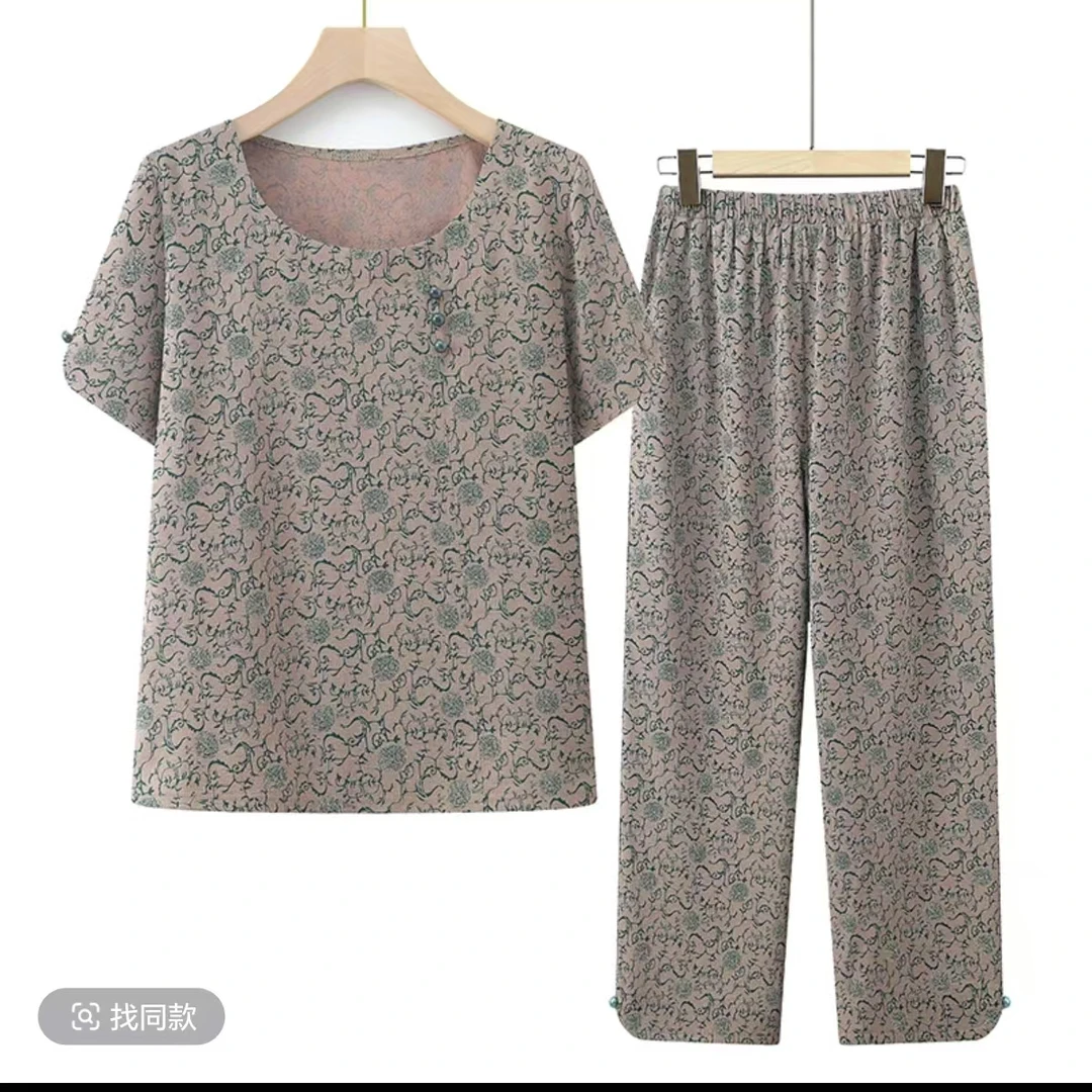 8039奶奶装短袖衬衫套装妈妈装薄款休闲女装夏季宽松两件套新仓库