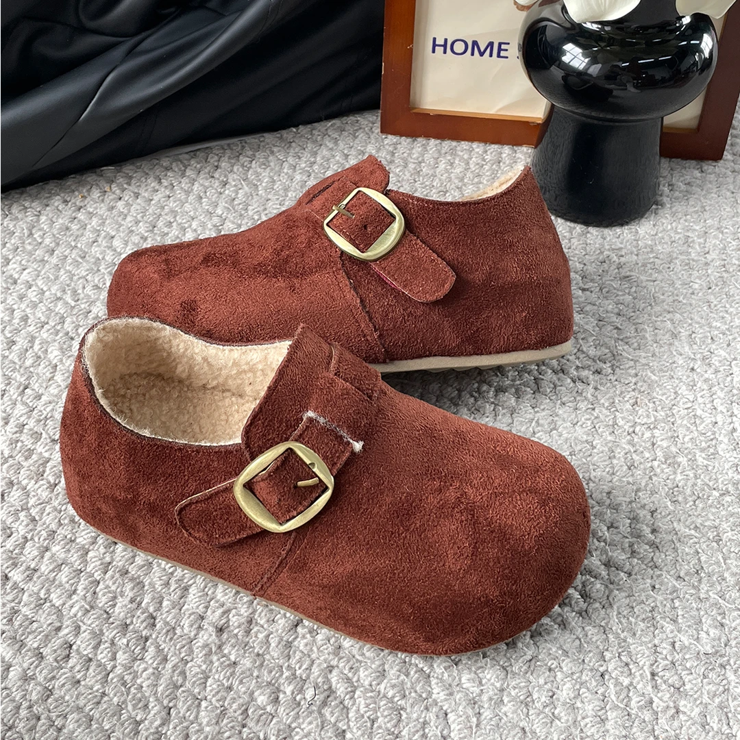 复古红色内增高勃肯鞋女2025秋冬加绒保暖圆头丑萌森系一脚蹬懒