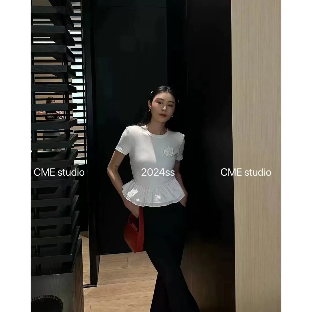 1059夏季蓬蓬花边拼接假两件短袖T恤女白色修身洋气显瘦上衣气质