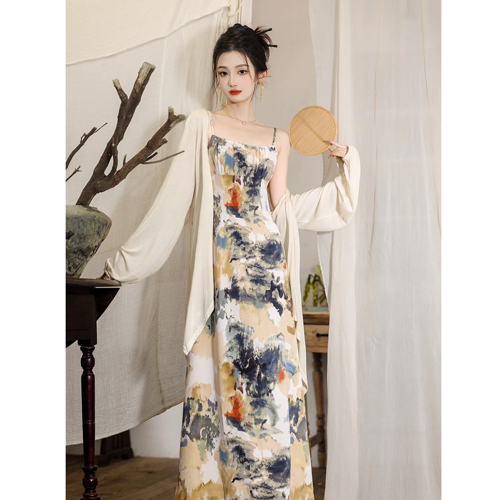 氛围天花板新中式晕染印花吊带连衣裙女搭配开衫两件套套装夏A461