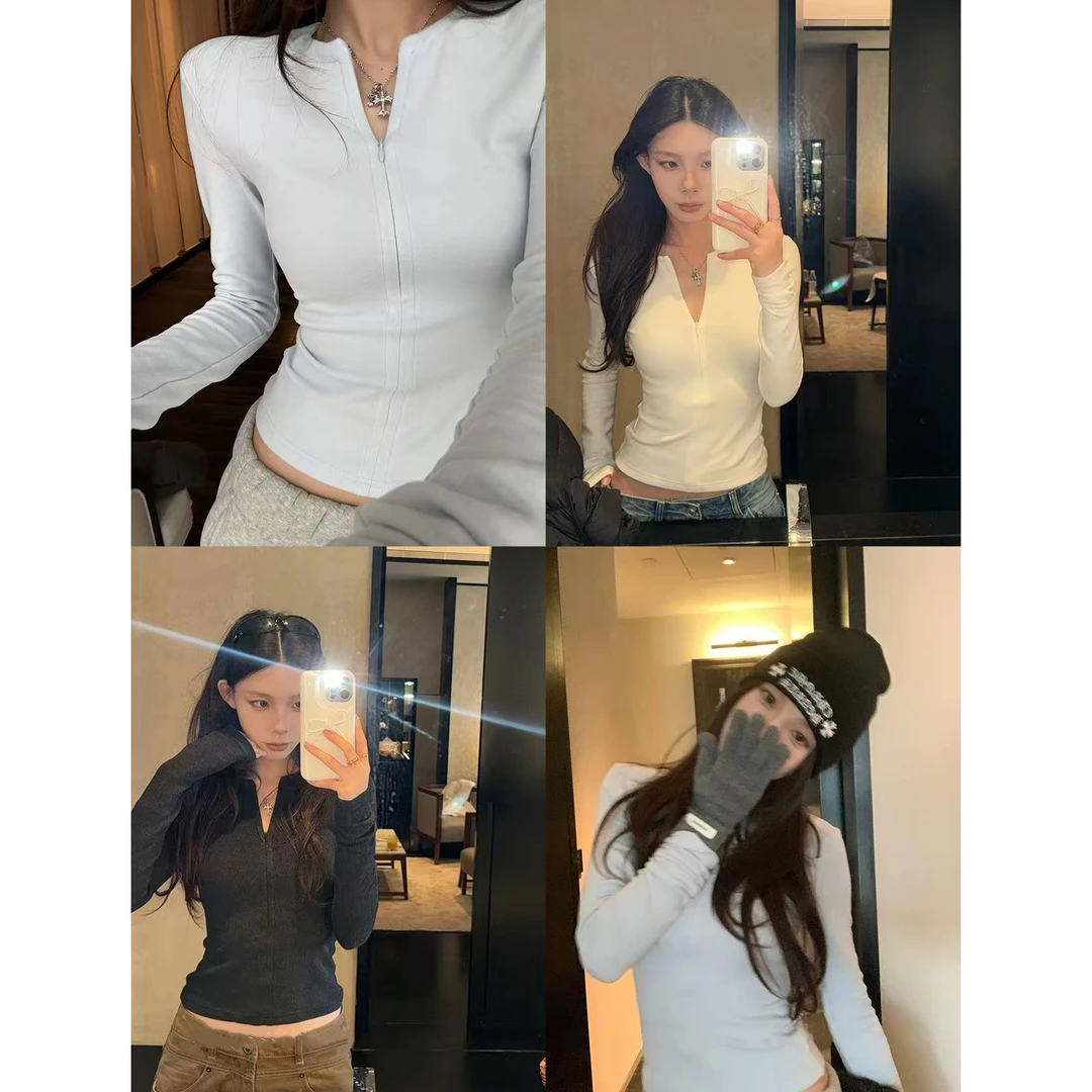 温柔秘境 半拉链v领针织打底衫上衣女冬C 9943#