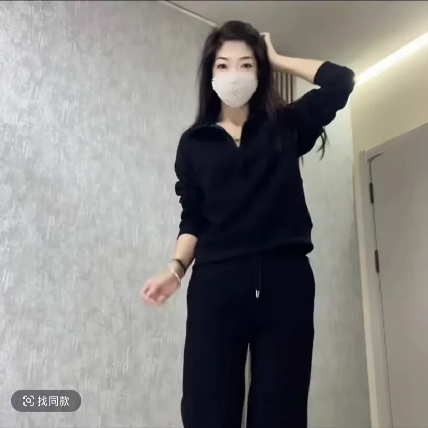 笑笑新款半拉链加绒款秋冬显瘦洋气气质宽松加厚运动时尚休闲套装