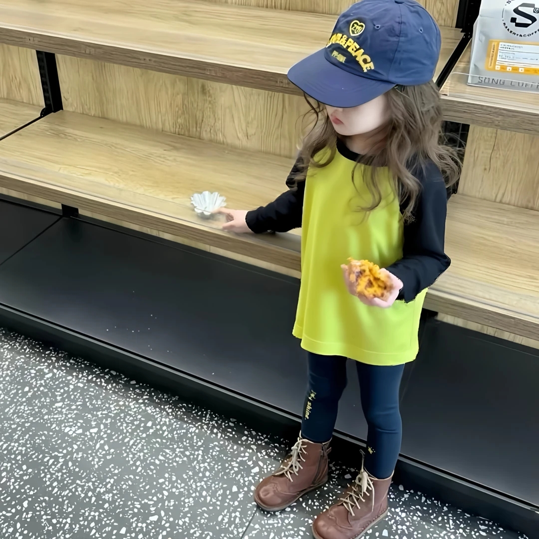 2025新款女童秋装拼色插肩袖上衣女宝宝秋季打底长袖T恤童装Z003