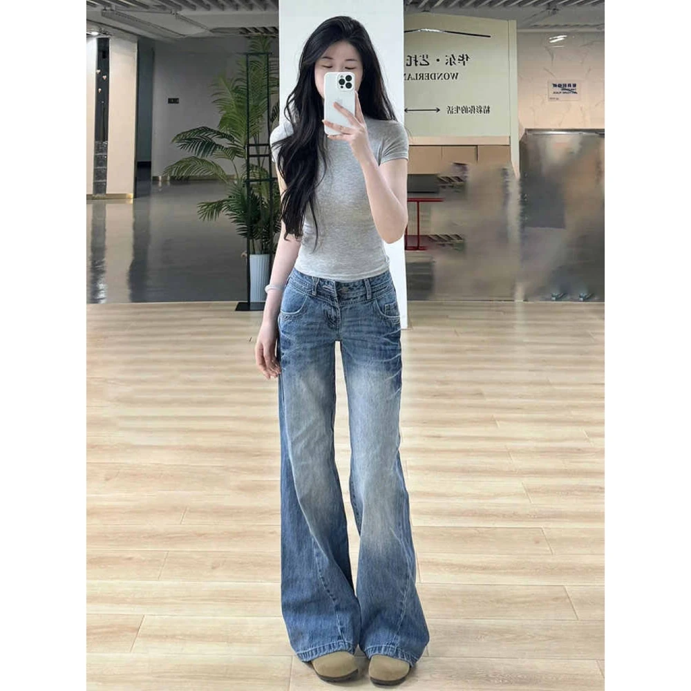 美式复古微喇牛仔裤女2025夏季新款低腰辣妹高街显瘦不贴腿拖地裤