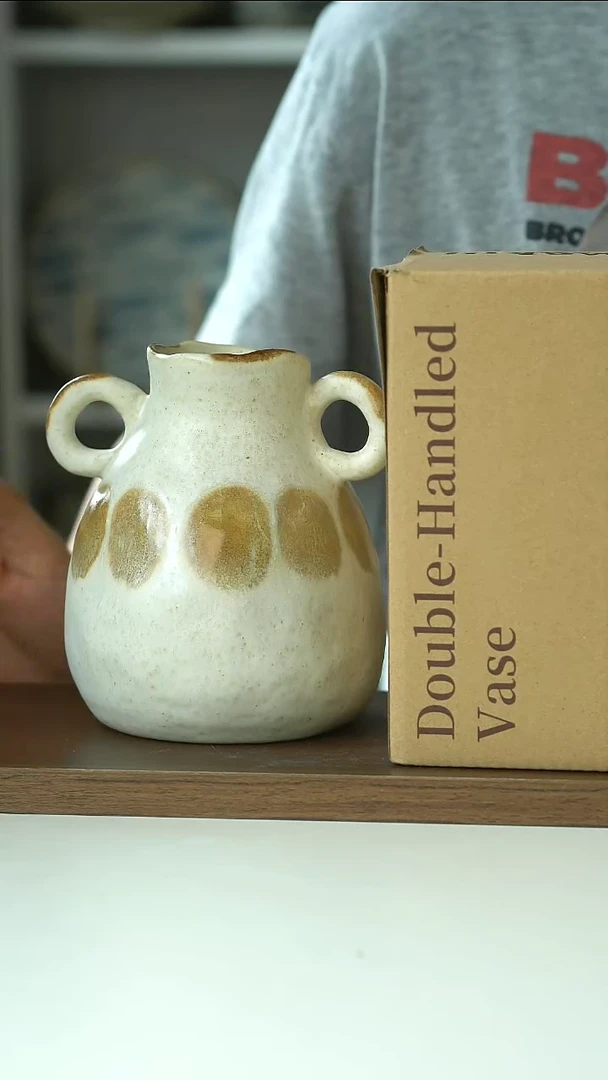 微瑕Yoki粗陶手作光斑双耳花瓶13.5cm@4-2@