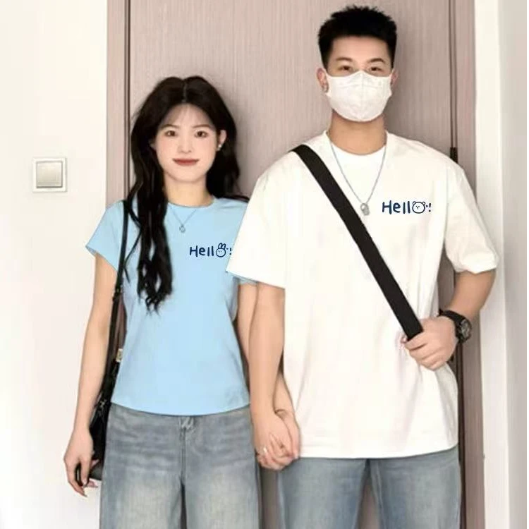 七夕情人节高端情侣套装2025夏款一男一女正肩半短袖t恤修身显瘦