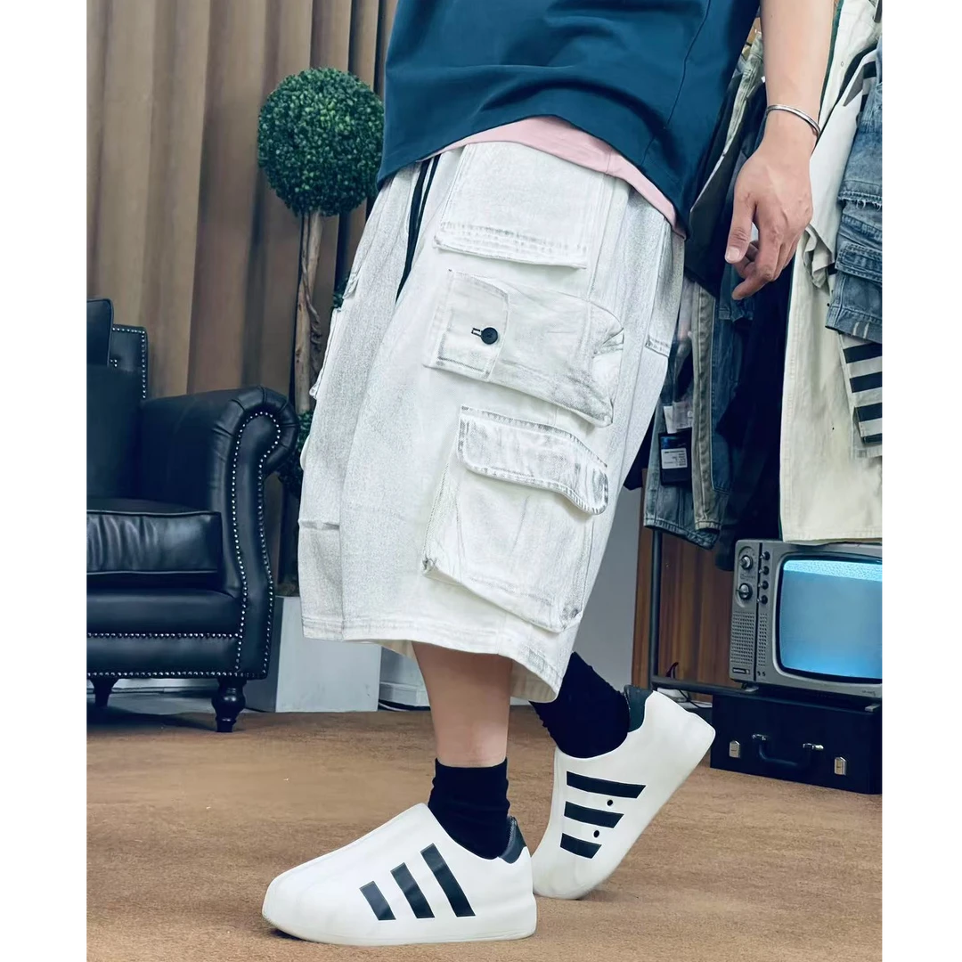 夏季帆布七分阔腿工装口袋炒色工艺松紧百搭时尚潮流男女短裤6612