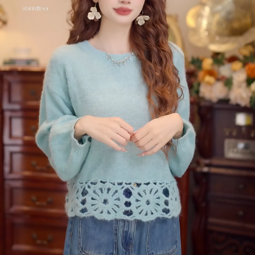 【米兰达】2025秋季针织复古港风长袖钩花毛衣宽松上衣女LK2506410