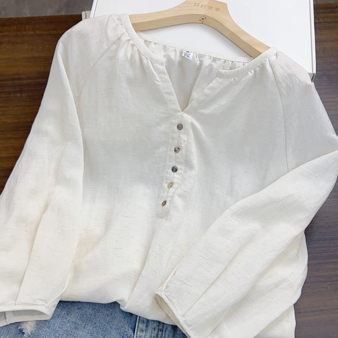 CS1265衬衣宽松型衬衫薄款上衣秋季纯色圆领长袖灯笼袖