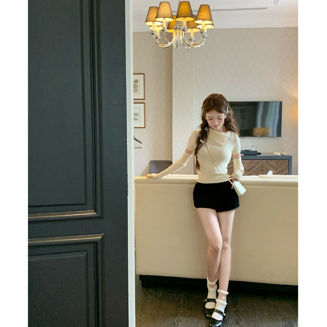【温莎之恋】韩系甜美少女2025夏季ins翻领针织上衣配显瘦短裤套装