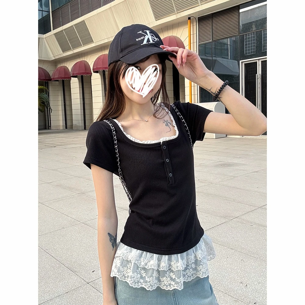 蕾丝拼接针织短袖韩版修身百搭上衣T恤小众设计女款