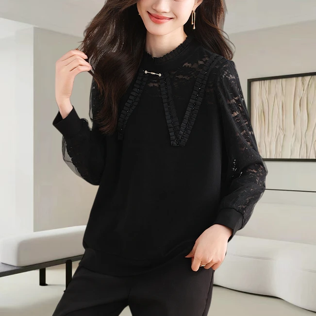 2025秋季新款女大码半高领蕾丝拼接黑色卫衣宽松显瘦气质百搭上衣