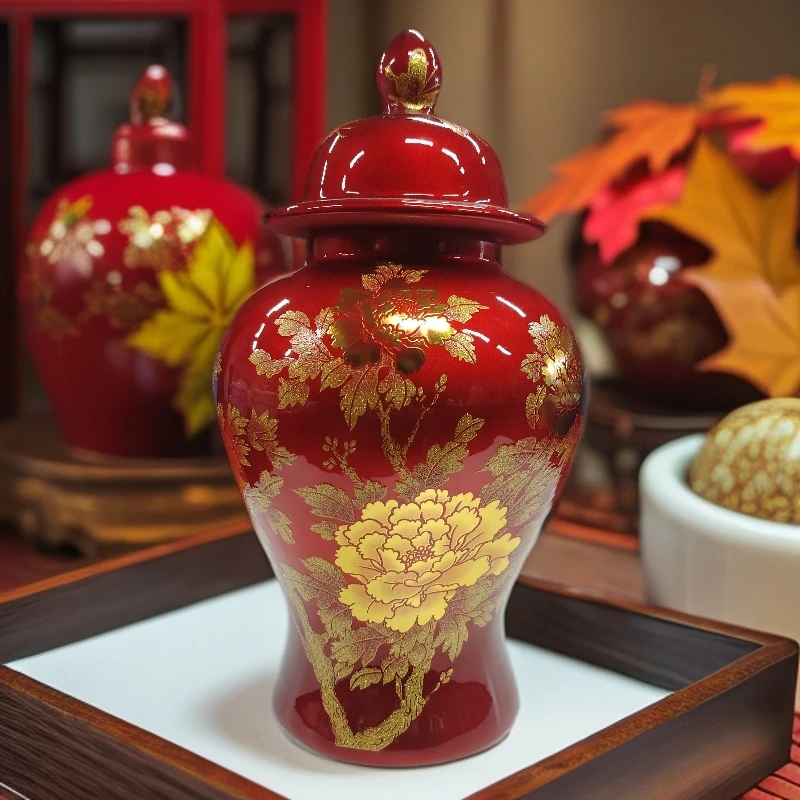花开富贵水晶红釉将军罐（非遗底款）+底座