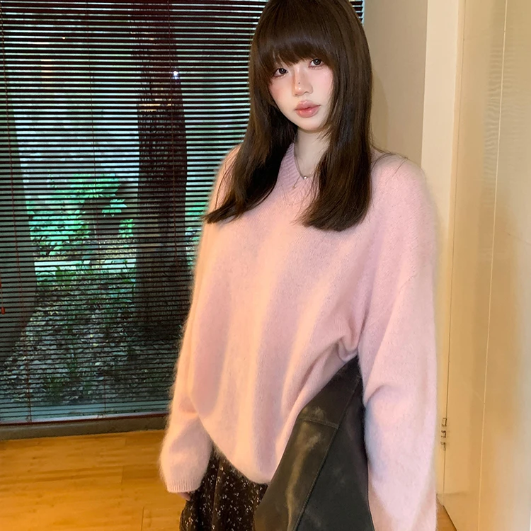 慵懒V领毛衣女秋冬韩系复古简约毛绒宽松软糯感圆领套头上衣