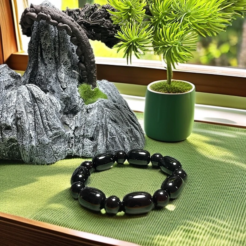 黑金血离子玛瑙桶珠手串14mm（血灵芝）