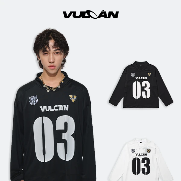 VULCAN球衣网眼复古做旧印花长袖T恤宽松短宽圆领早秋上衣