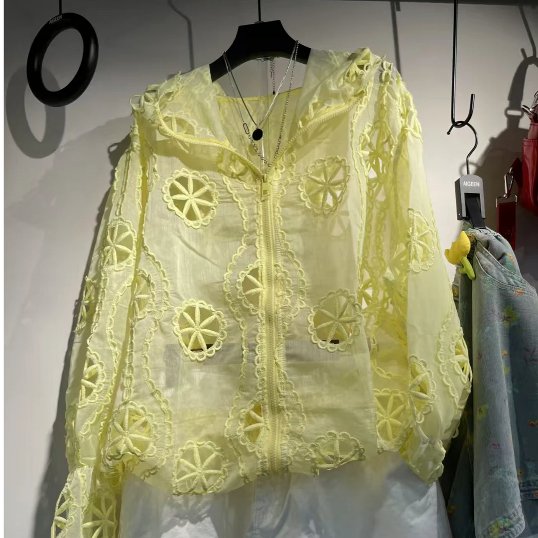 D55078韩版百搭显瘦连帽纯色外套新款气质休闲镂空上衣