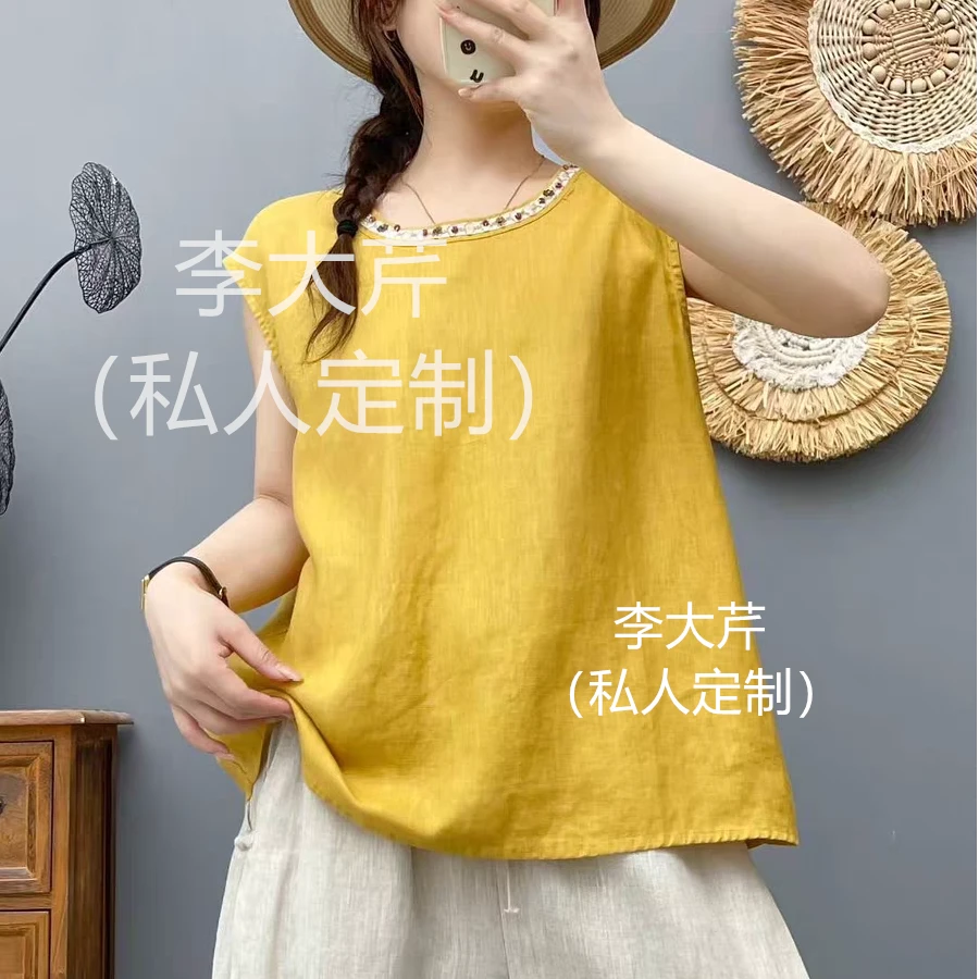 亚麻花边领重工刺绣背心衣  夏季无袖宽松显瘦时尚新款减龄透气