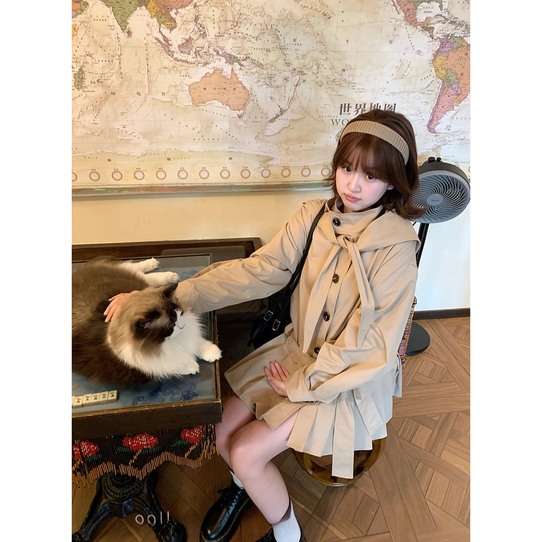 2025miu系立领风衣连衣裙女早秋新款韩系小个子收腰百褶裙外套