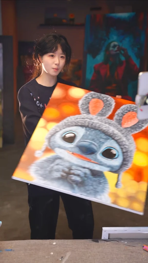 油画T****z精品毛绒风史迪仔丙烯画纯手绘