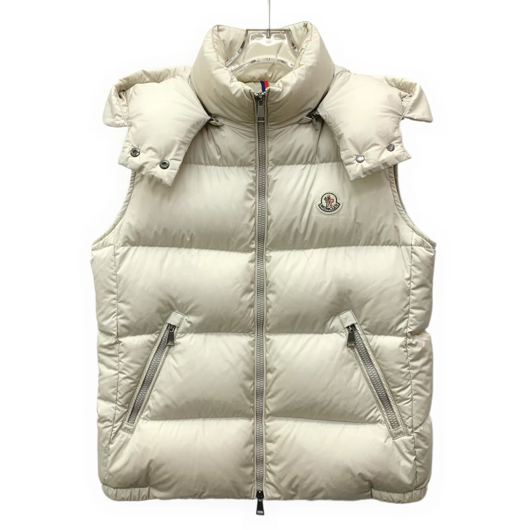 95新 MONCLER HW0624 米色徽标贴饰连帽拉链无袖羽绒服马甲 4 L码
