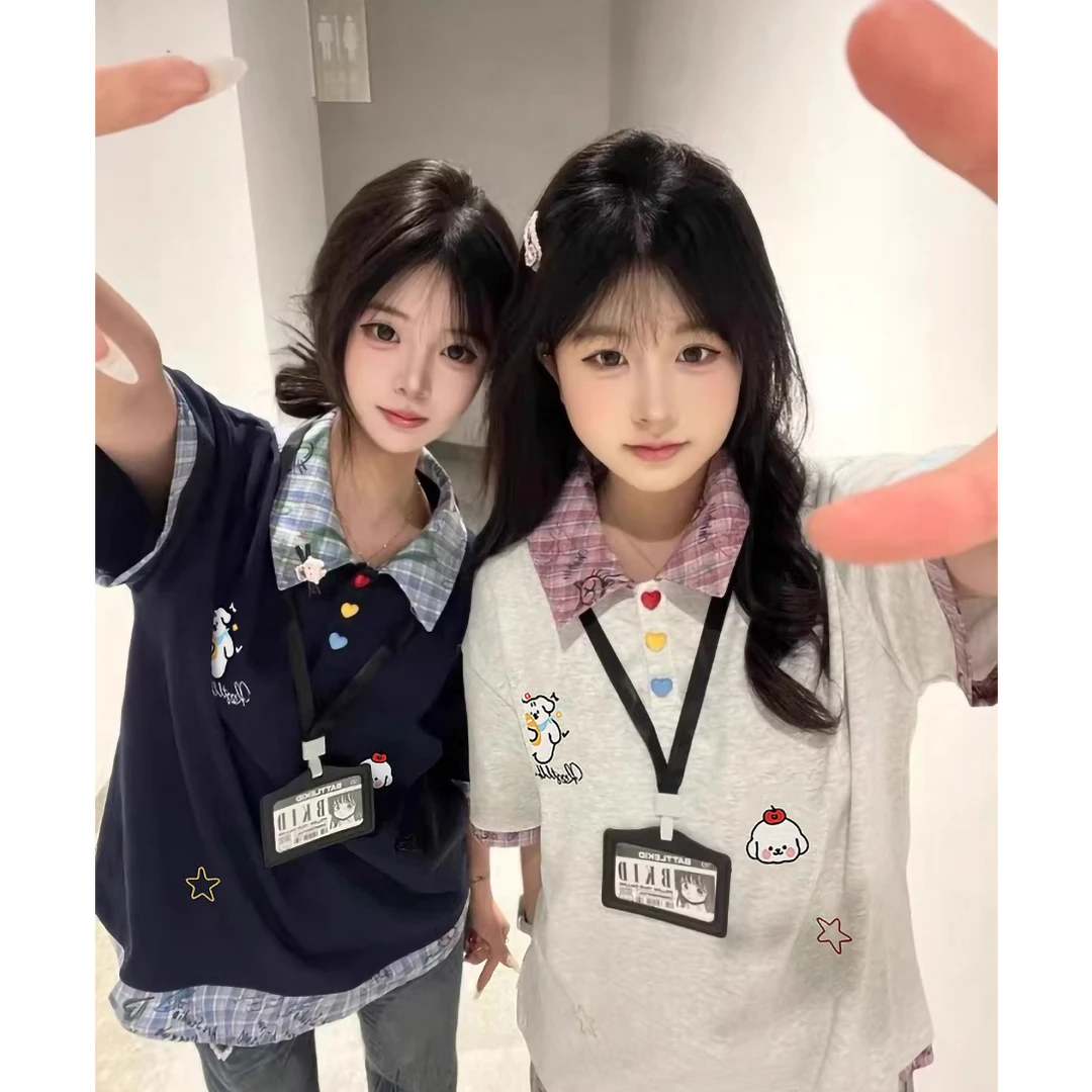 美式复古小狗刺绣假两件polo领短袖t恤女2025夏季慵懒风情侣上衣