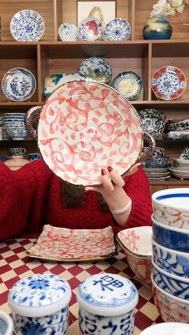 【闪购商品】瓷片章鱼唐草 中号锅型盘  （赤）