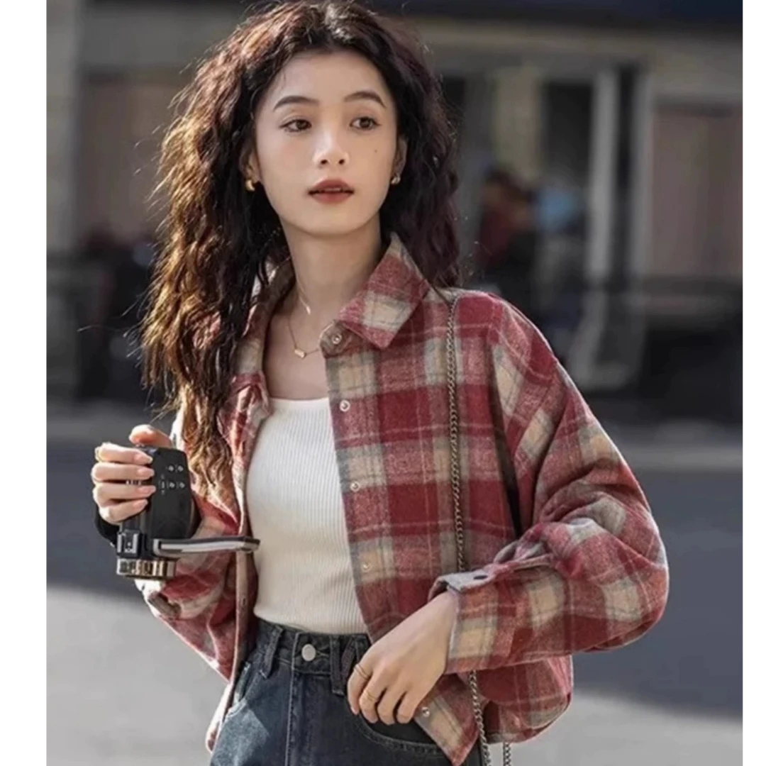 W2289美式红色格子复古衬衫女春秋设计感宽松长袖上衣短款外套