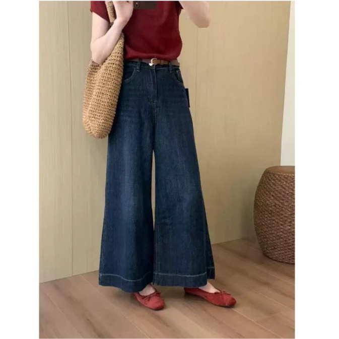 新款遮跨显瘦宽松复古深蓝阔腿裤显瘦直筒百搭小个子韩版 B2002