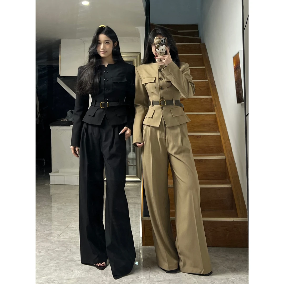 韩系新款2025秋季新款通勤西服外套上衣女装阔腿裤长裤子显瘦套装