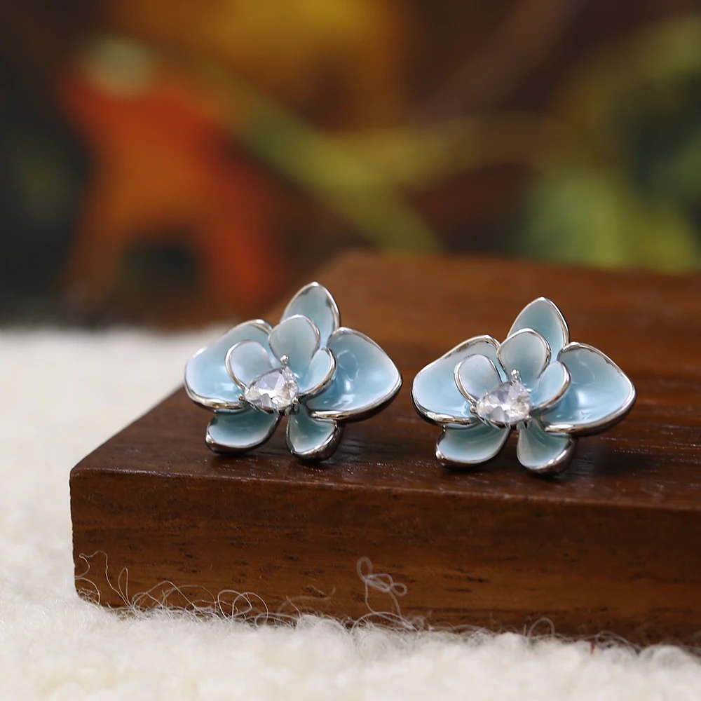 铜合金合成锆石耳饰 意大利设计师款【青花瓷】海蓝色 耳钉-8384