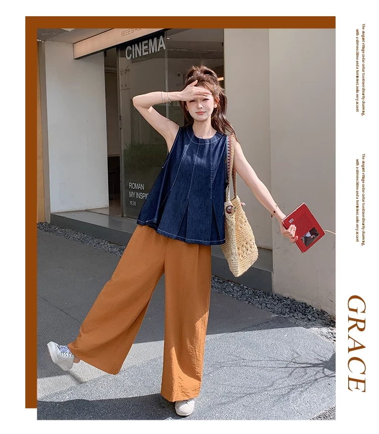 复古休闲牛仔慵懒风无袖套装女2025夏季洋气减龄背心阔腿裤两件套