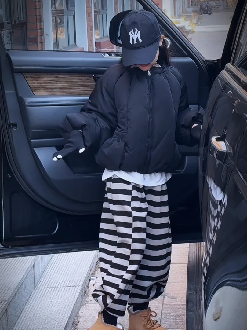 女童棉服外套冬款2024新款中大童面包服夹棉加厚上衣韩系黑色上衣