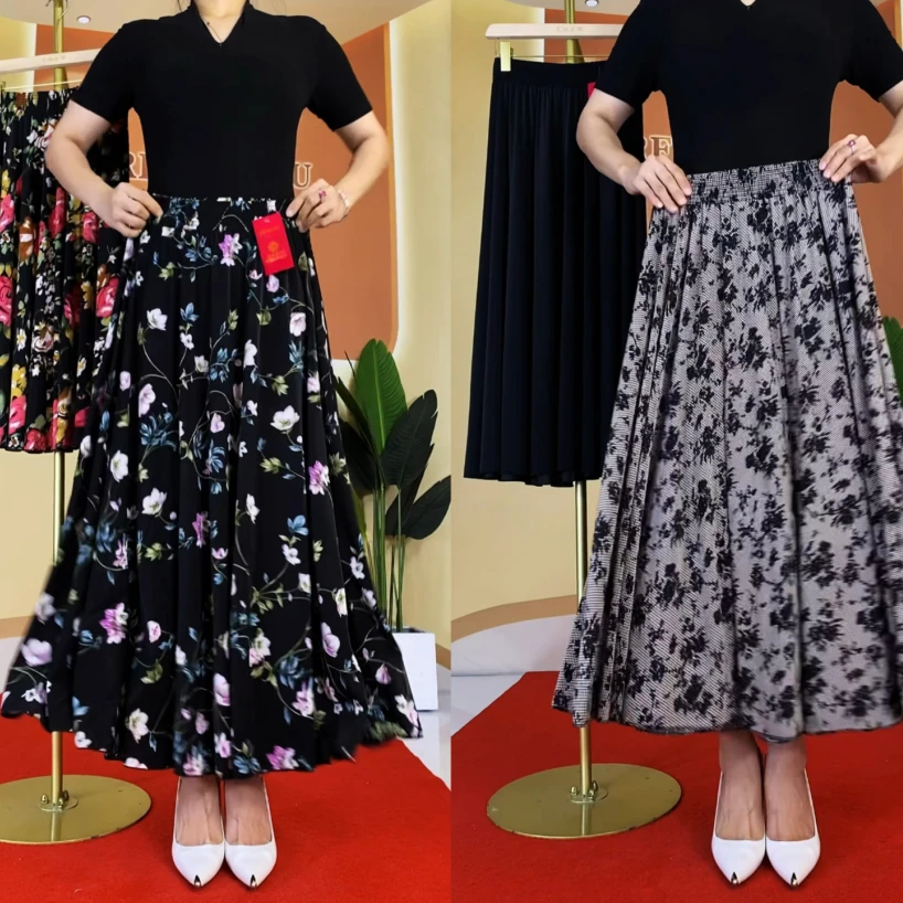 2526#冰凉舒爽弹力时尚妈妈裙松紧万能腰女式半身裙（没有口袋）