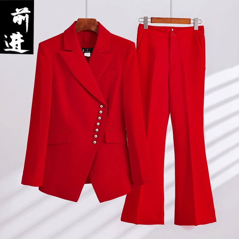 时髦洋气红色微喇裤西装套装女优雅气质修身女神范喜庆场合正装
