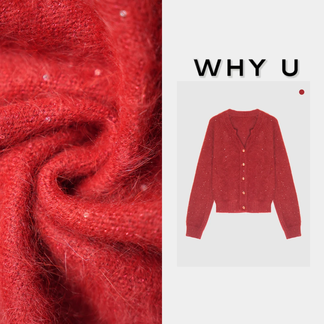 秋冬百搭休闲保暖开衫上衣24AW【红色小V领亮闪毛衣】