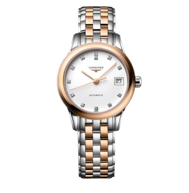99新 Longines/浪琴 军旗26间玫瑰金白盘钻刻精钢机械 HZ