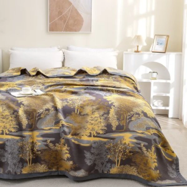 床盖-加大琼林玉树-金-230*250cm多层纱布精梳细纱通用床盖柔软