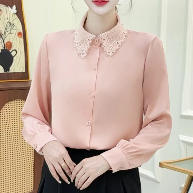 秋季新款长袖设计感镂空POLO领女士气质减龄显瘦百搭时尚衬衫衬衣