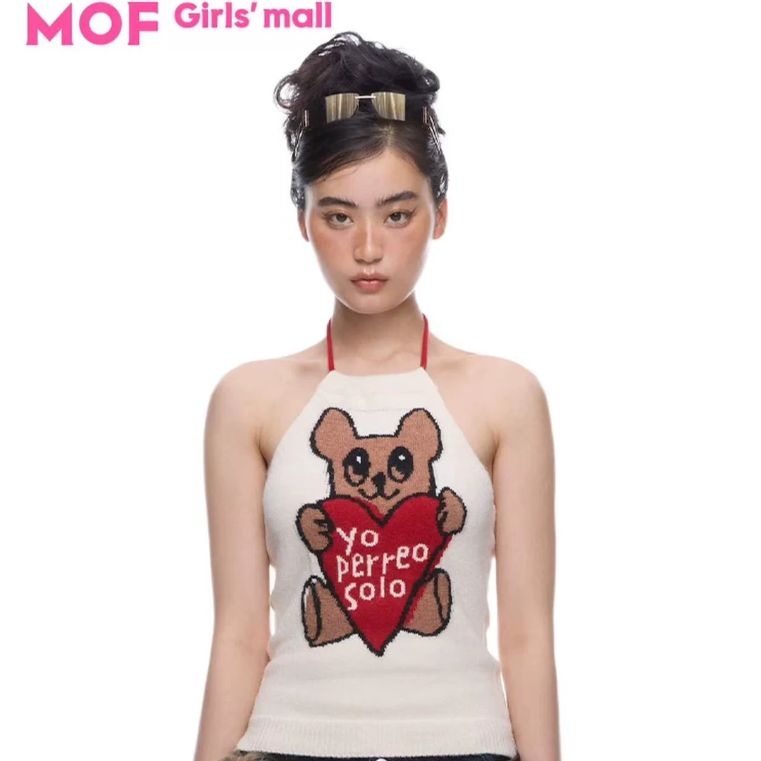 MOF少女百货 爱心小熊挂脖针织吊带内搭无袖露背上衣