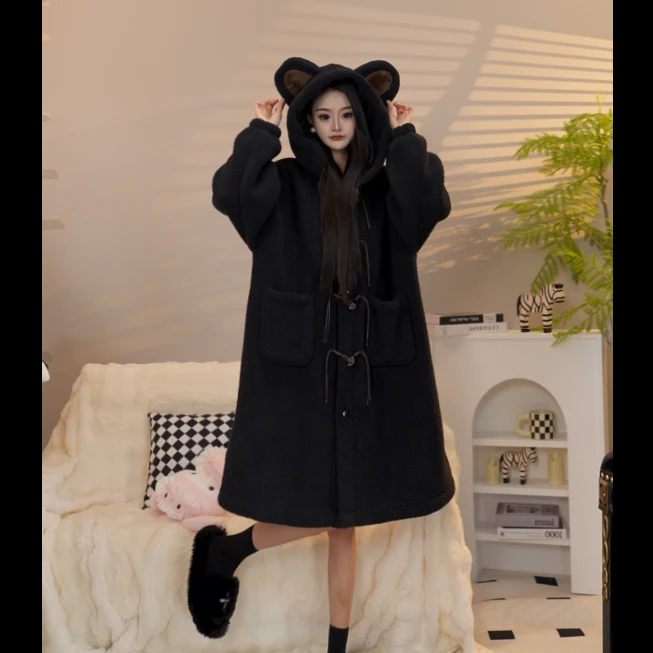 竹喧2024设计师新款熊系韩版颗粒绒时尚连帽睡衣睡袍家居服套装