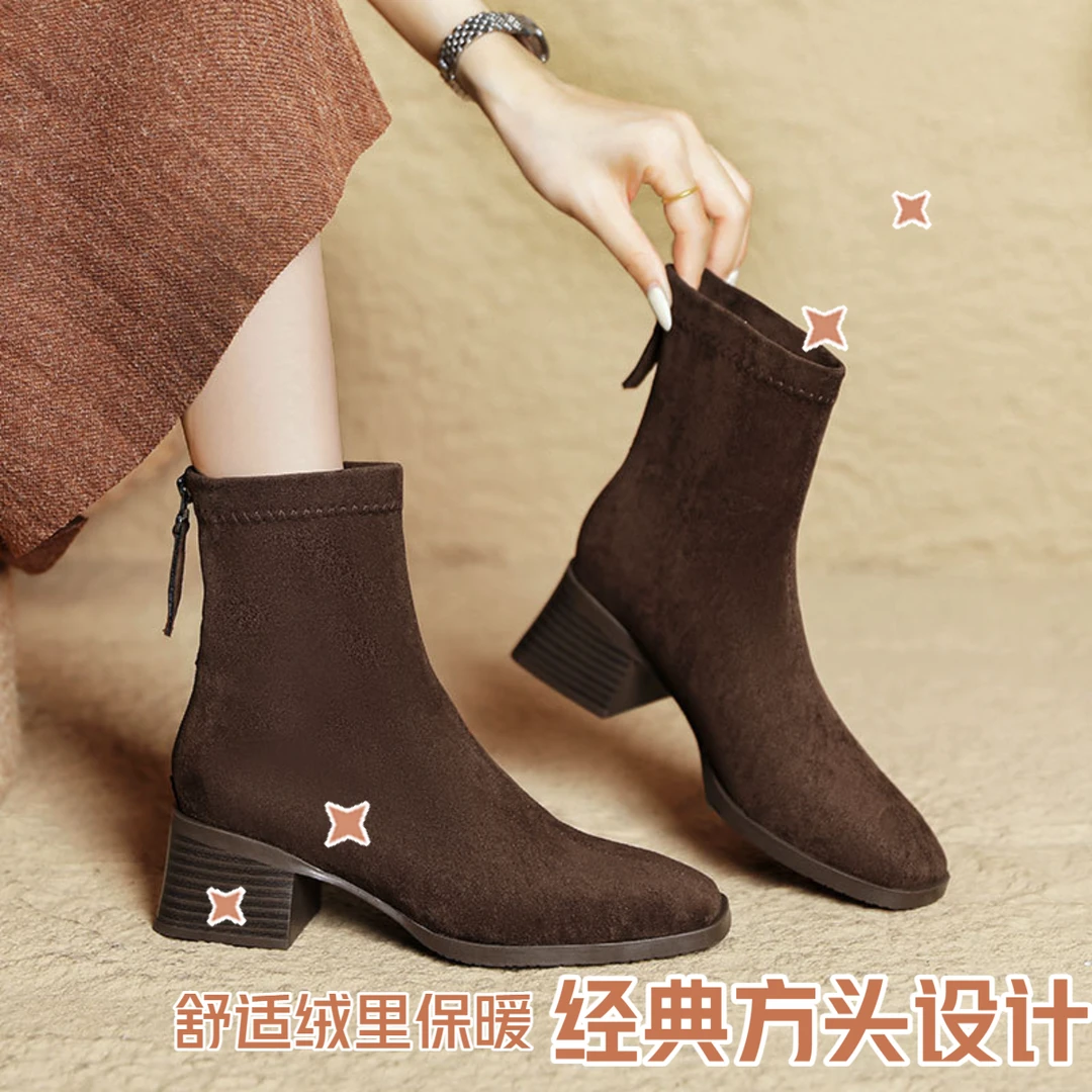 2025秋冬爆款后拉链新款高跟袜靴加绒时装靴百搭黑色短靴洋气单靴