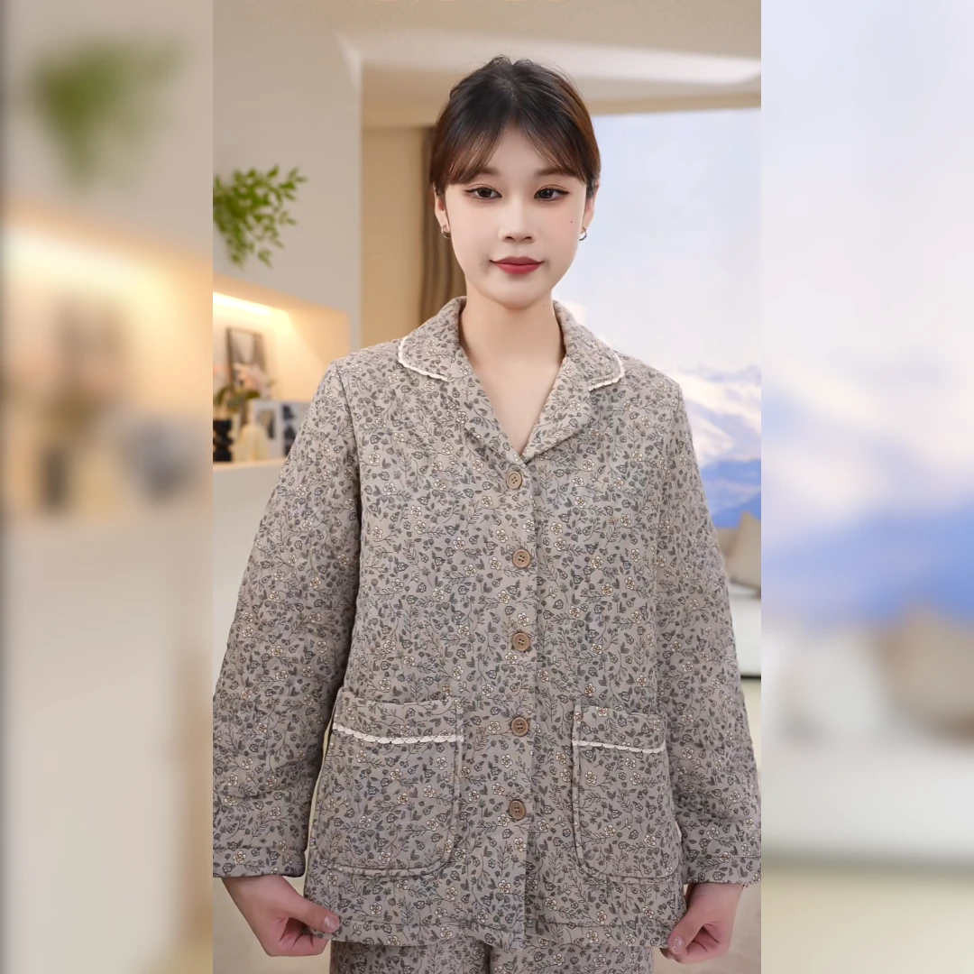 佐菲【暖冬夹棉】2025淡灰夹棉睡衣女士秋冬季冬天保暖家居服中年