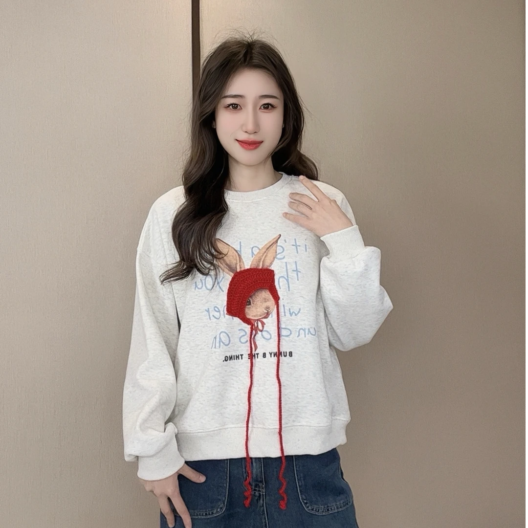 小兔子毛巾绣秋冬加绒圆领卫衣长袖针织时尚休闲百搭印花韩版宽松