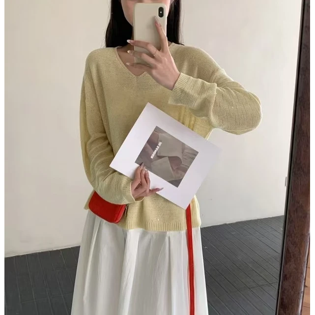 【夏.亚麻】V领长袖夏季亮片法式洋气时尚针织衫 透气宽松慵懒防晒
