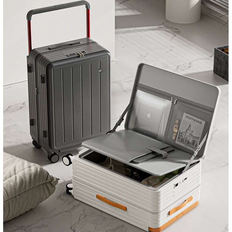 新款前开盖宽拉杆商务旅行箱多功能行李箱拉链款学生密码箱登机箱