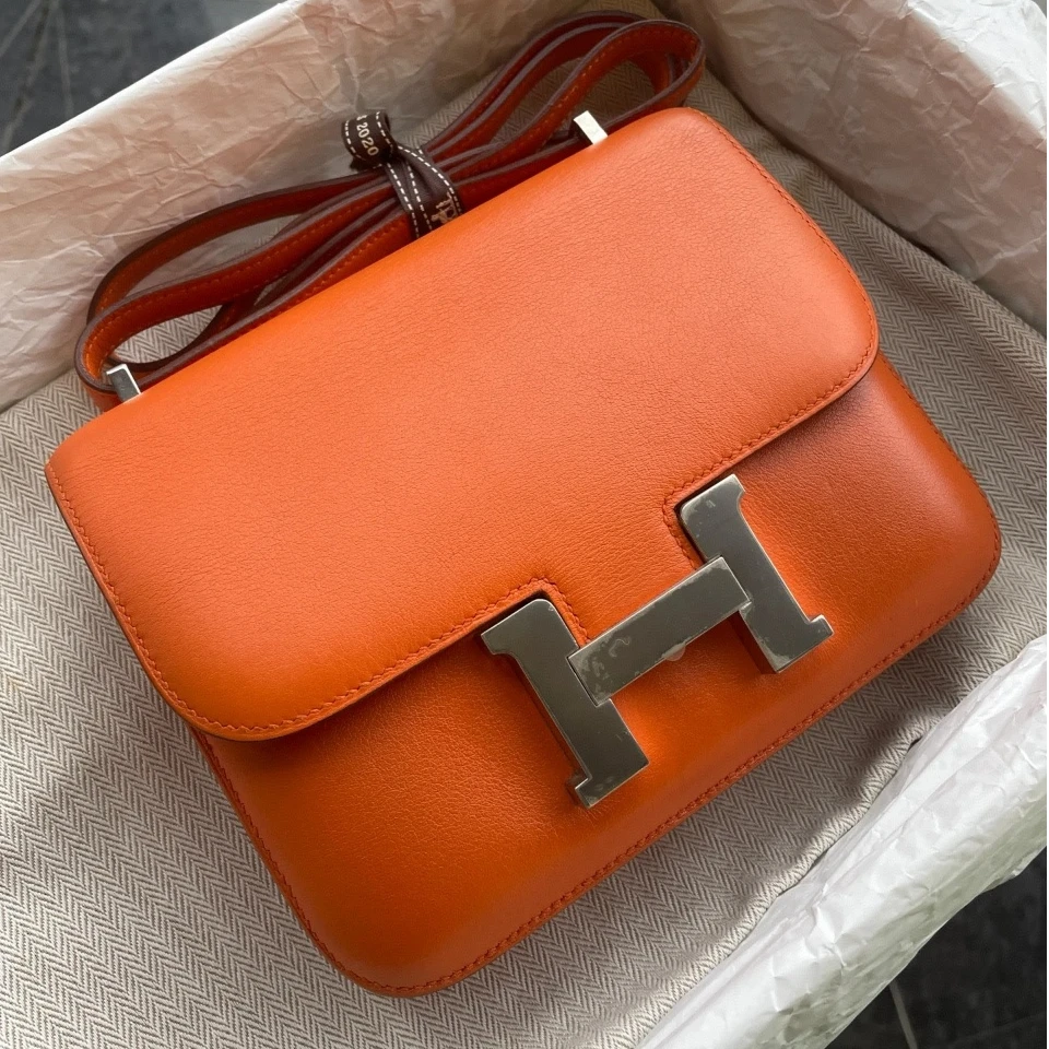 95新 Hermes/爱马仕 花花 康康 19 93爱马仕橙 框R 银扣