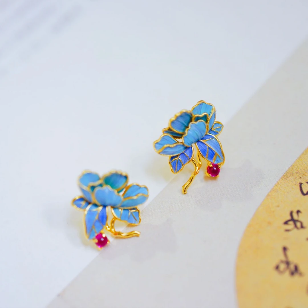 在忆 925银羽毛耳饰 点翠牡丹耳钉