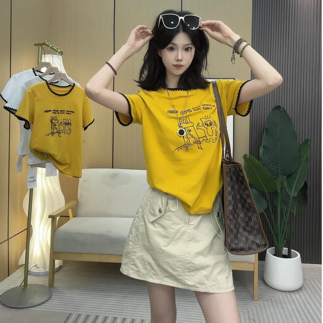 【画家宝宝】2025夏季新款重工刺绣短袖T恤女时尚设计款可爱风上衣